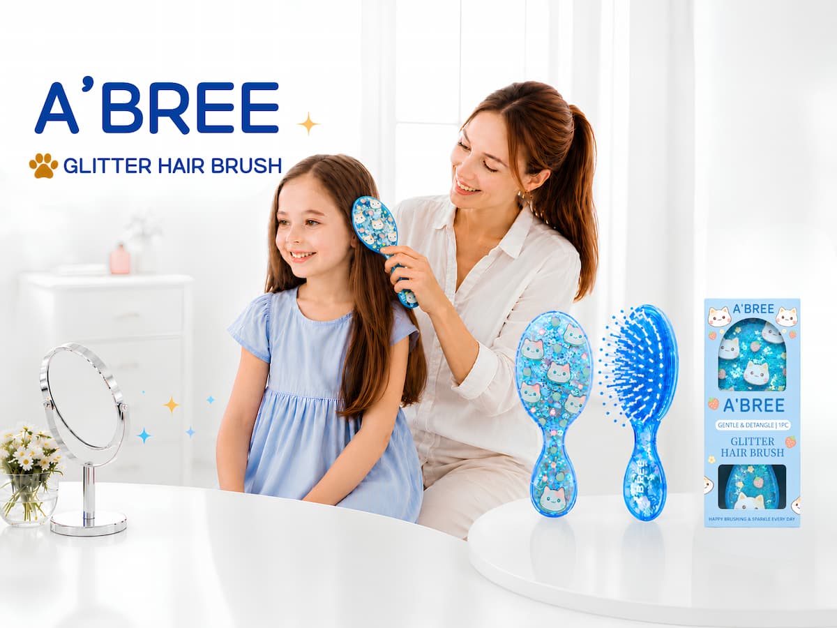 A'BREE Mini Glitter Detangling Hair Brush for Kids Girls Women – Gentle Wet and Dry Hairbrush, Travel Sized Tangle Free Knot Tamer for Toddler, Adorable Character Glitter Design